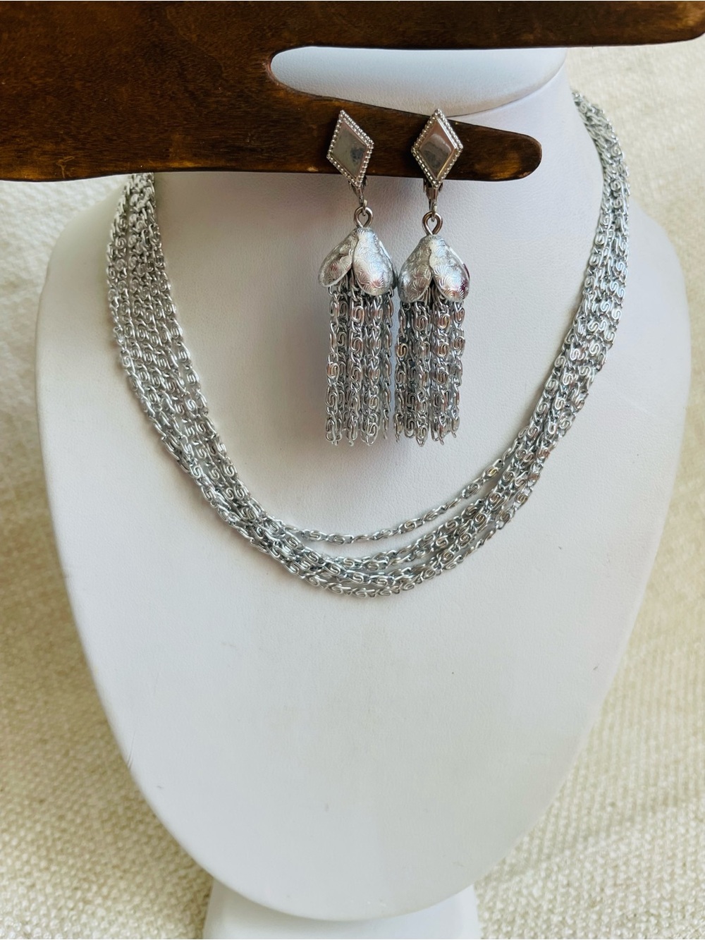 Sarah Coventry Vintage Silver Multi-Strand Chain Necklace Tassel Clip Earrings